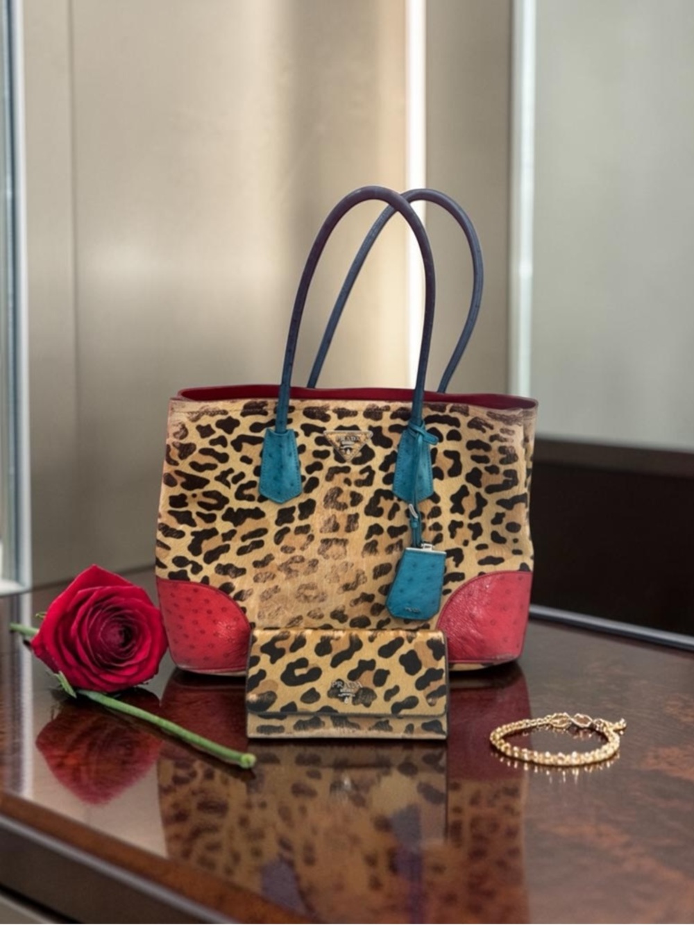 Prada Leopard Haircalf Tote Bag + Wallet Set Teal Red Rare Colorblock Authentic - Picture 5 of 14